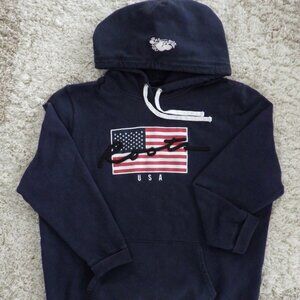 Roots Canada Hoodie USA Flag Men's Sz XL Beaver Pullover Blue Embroidered Preppy